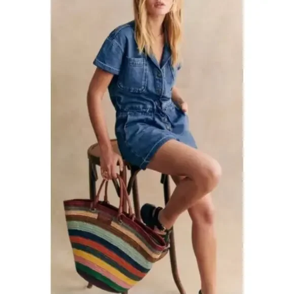 Sezane Denim Jumpsuit Romper Size 38 Organic Cotton / Hemp Fabric V-Neckline - Picture 3 of 11